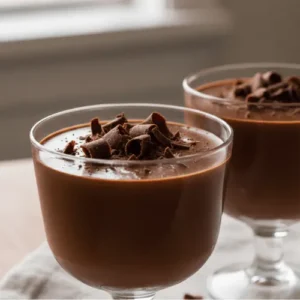 Classic chocolate mousse served in glass cups with dark chocolate shavings. The mousse has a smooth, airy texture and a rich chocolate color.