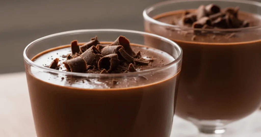 Classic chocolate mousse served in glass cups with dark chocolate shavings. The mousse has a smooth, airy texture and a rich chocolate color.