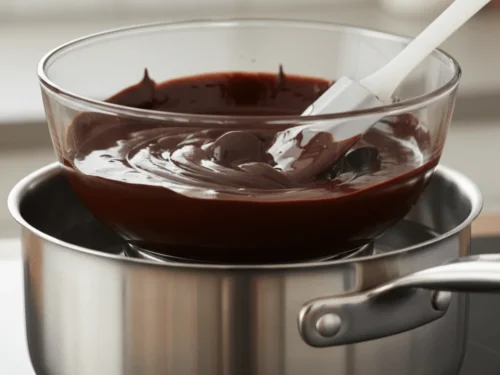 Dark chocolate melting gently over simmering water until smooth and glossy. This step ensures proper emulsification for mousse.