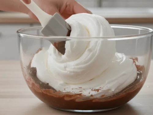 Whipped egg whites being gently folded into melted chocolate with a silicone spatula. The mixture looks light and airy.