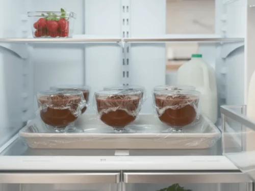Chocolate mousse divided into ramekins and placed in the refrigerator to set. The surface appears smooth and even.