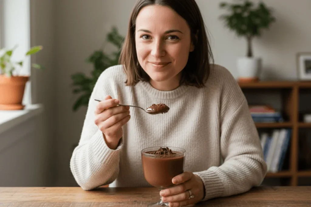 A person enjoying a spoonful of homemade chocolate mousse recipe from a glass cup. The image highlights the creamy texture and indulgent experience of the dessert.