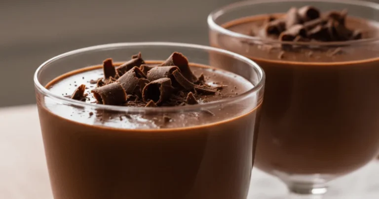 Classic chocolate mousse served in glass cups with dark chocolate shavings. The mousse has a smooth, airy texture and a rich chocolate color.
