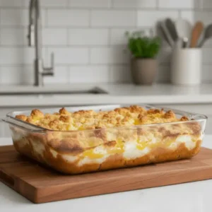 Lemon cream cheese dump cake baked until golden with visible lemon filling in a glass baking dish. A simple homemade lemon dessert made with cake mix and cream cheese.