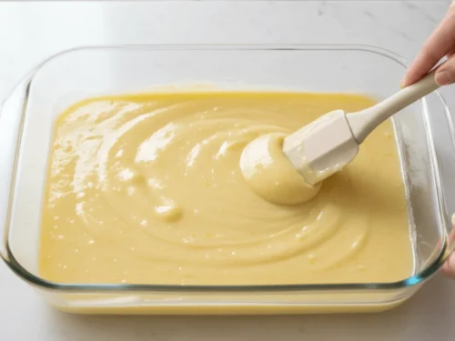 Lemon pie filling evenly spread in a baking dish as the base layer for lemon dump cake. This step creates the citrus foundation of the dessert.