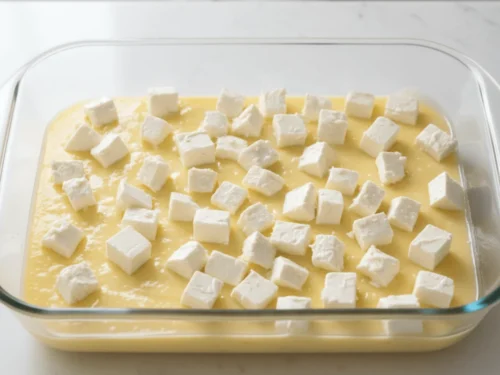 Cubed cream cheese scattered over lemon pie filling before baking. This layer melts into creamy pockets during baking.