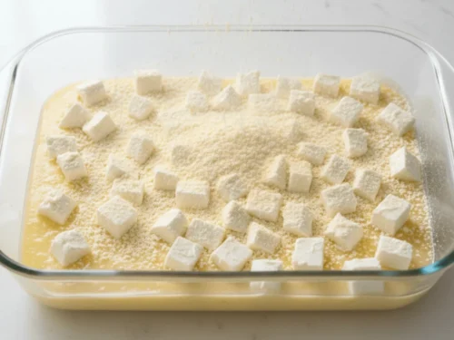 Dry cake mix evenly sprinkled over lemon filling and cream cheese for a classic dump cake recipe.