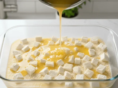 Melted butter being poured over cake mix to help form a crisp topping on lemon dump cake.