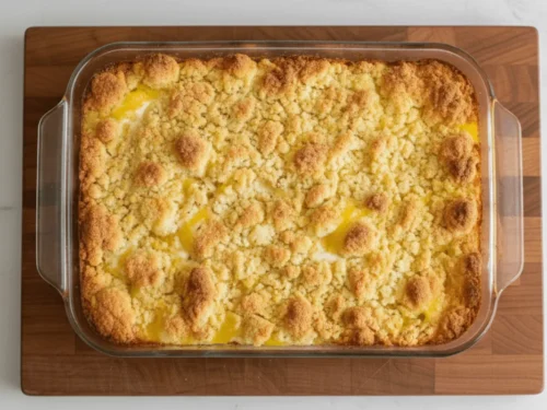Lemon cream cheese dump cake baked until golden with bubbling lemon filling in a baking dish. The dessert is resting before slicing to allow it to set properly.