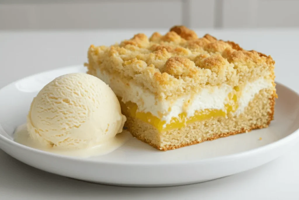 A slice of lemon cream cheese dump cake served on a dessert plate with vanilla ice cream. The image shows the creamy lemon filling and golden cake topping ready to enjoy.
