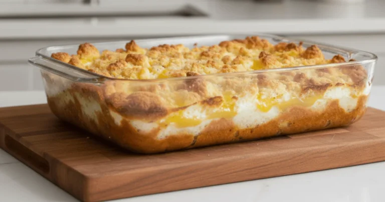 Lemon cream cheese dump cake baked until golden with visible lemon filling in a glass baking dish. A simple homemade lemon dessert made with cake mix and cream cheese.