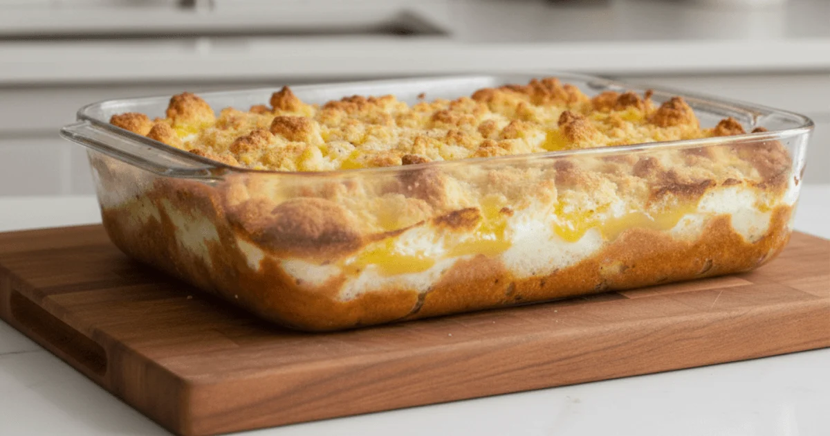 Lemon cream cheese dump cake baked until golden with visible lemon filling in a glass baking dish. A simple homemade lemon dessert made with cake mix and cream cheese.