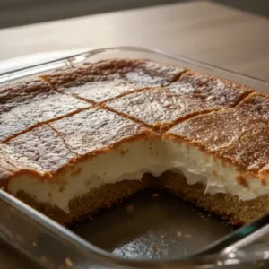 A sliced Neiman Marcus cake showing a soft cream cheese topping and golden crust in a baking dish. The texture highlights the signature gooey center.
