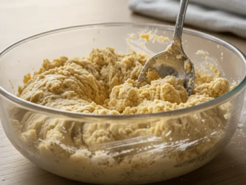 Cake mix, butter, and egg being mixed into a thick dough in a bowl. The texture shows the foundation of the Neiman Marcus Cake crust.