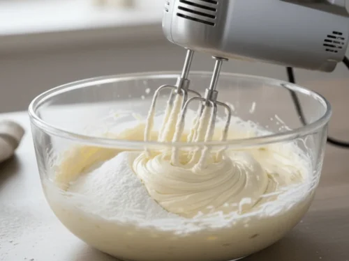 Cream cheese and powdered sugar being mixed into a smooth, creamy topping for Neiman Marcus Cake.
