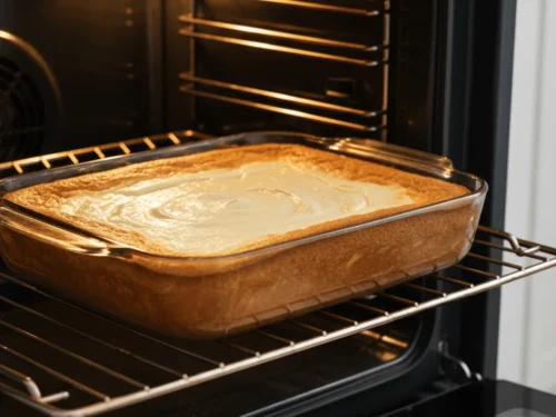 Neiman Marcus cake baked until golden at the edges with a soft, slightly jiggly center.