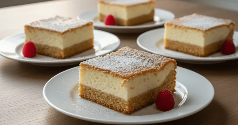 A sliced Neiman Marcus cake showing a soft cream cheese topping and golden crust in a baking dish. The texture highlights the signature gooey center.
