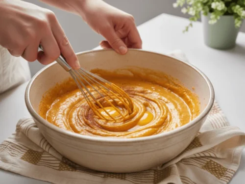 Pumpkin purée, eggs, brown sugar, and spices being whisked together in a bowl to create a smooth pumpkin base.