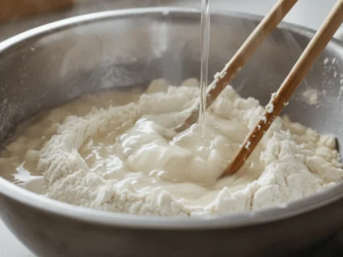 Flour and boiling water being mixed with chopsticks to form hot water dough for scallion pancakes.