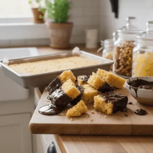 Close-up of homemade sponge candy broken into airy golden pieces, some dipped in chocolate, ready to eat on a wooden cutting board.