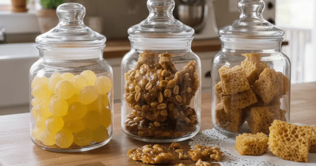 A variety of homemade old fashioned candies displayed in glass jars on a kitchen counter, including brittle and lemon drops.