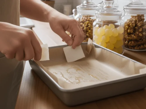 A 9x13 baking pan greased and lined with parchment paper, ready for making old fashioned sponge candy.