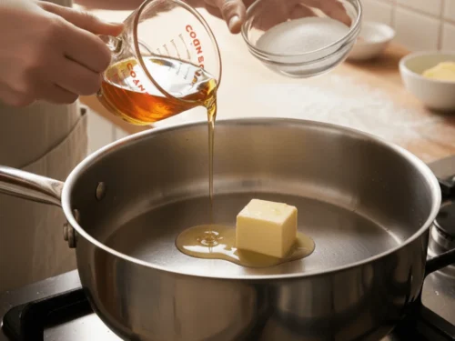 Sugar, corn syrup, butter, and salt combined in a saucepan before cooking sponge candy.