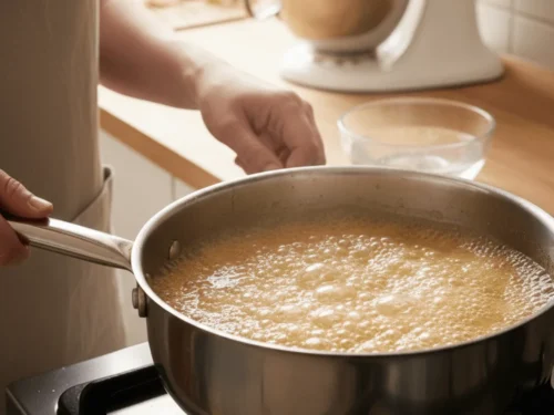 Candy mixture boiling in a saucepan during the hard-crack stage test using cold water.