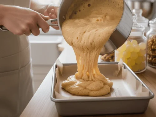 Hot sponge candy mixture poured into a lined pan and left to cool and harden.