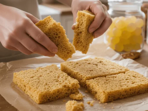 Homemade old fashioned sponge candy broken into pieces and ready to eat.