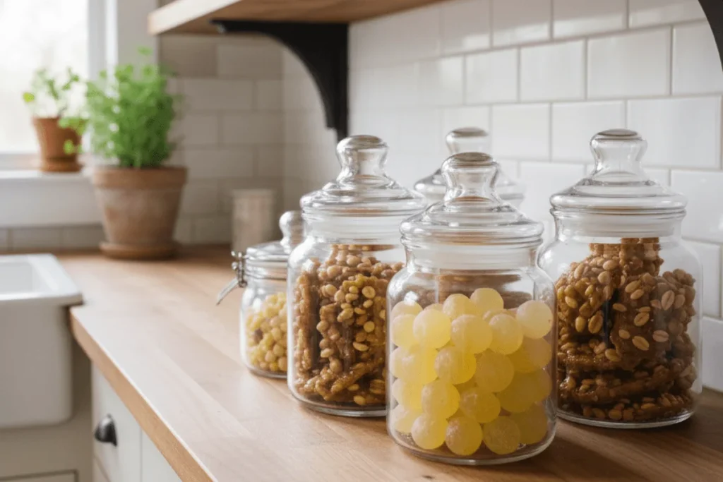 Homemade old fashioned candy stored in airtight glass jars on a kitchen shelf.