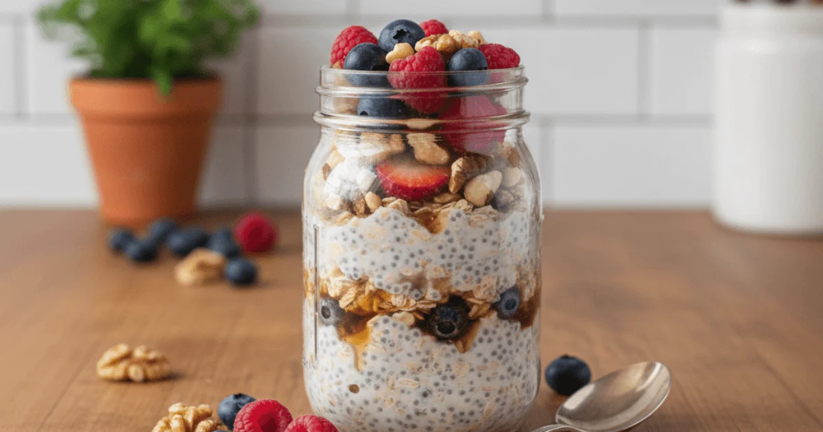 Creamy overnight oats in a jar, topped with fresh berries and nuts, ready for breakfast.