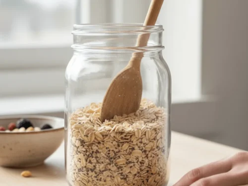 Jar filled with rolled oats and chia seeds, ready for overnight oats preparation.