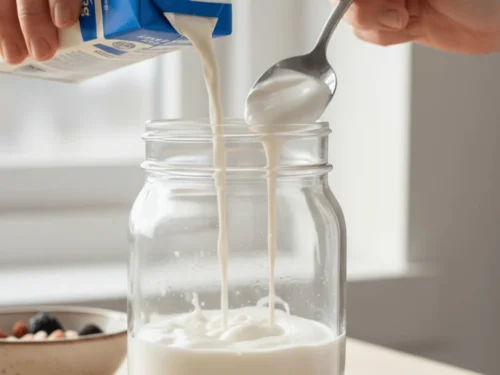 Milk and yogurt being poured into a jar of oats for overnight preparation.