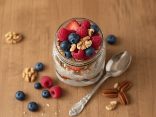 Jar of overnight oats topped with berries and nuts, ready to eat.