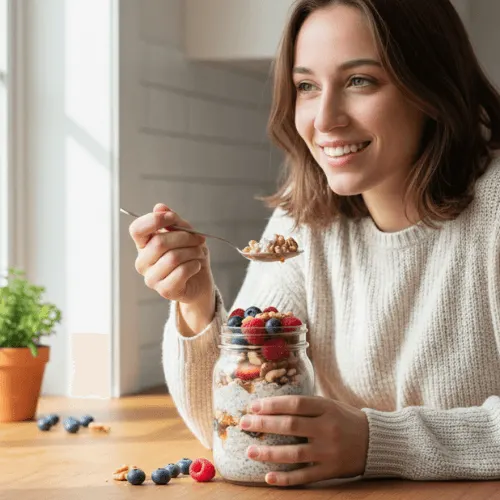 Person enjoying overnight oats recipe  dessert from a jar, showing how satisfying and easy this no-cook breakfast can be.