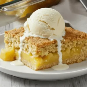 A freshly baked pineapple dump cake with a golden buttery topping and visible pineapple layers in a baking dish. This image highlights the final texture and color of the dessert.