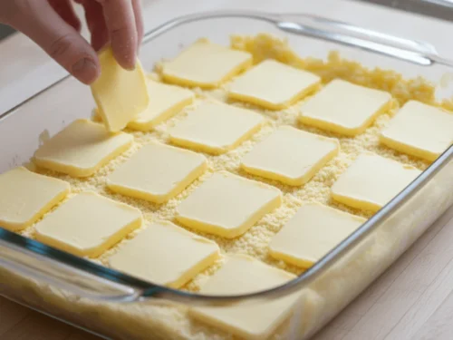 Butter slices covering cake mix completely to ensure even browning and moisture during baking.