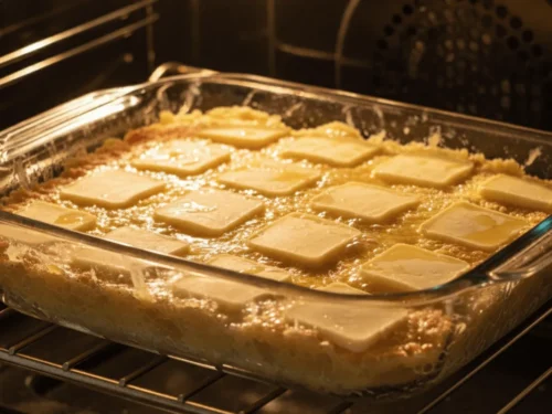 Pineapple dump cake baking in the oven with a golden top and bubbling edges, indicating doneness.