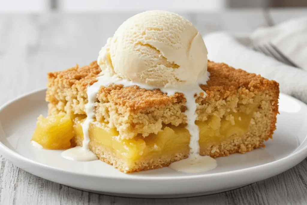 A warm slice of pineapple dump cake served on a plate with melting vanilla ice cream on top, showing the soft pineapple layer and golden buttery crust.