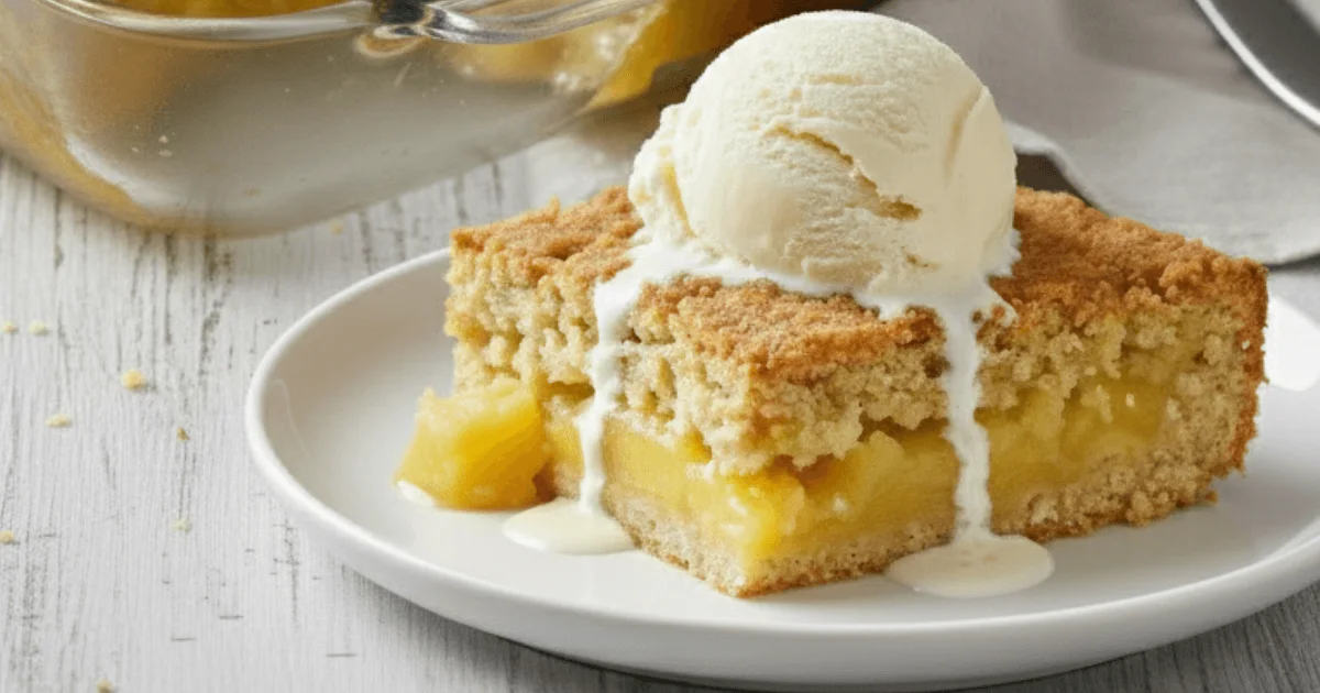 A freshly baked pineapple dump cake with a golden buttery topping and visible pineapple layers in a baking dish. This image highlights the final texture and color of the dessert.