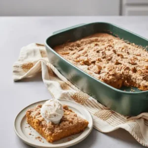 Freshly baked pumpkin dump cake with a golden buttery topping and creamy pumpkin layer underneath, served in a baking dish.