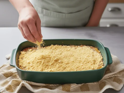 Dry cake mix evenly layered over pumpkin filling in a rectangular baking pan before baking.