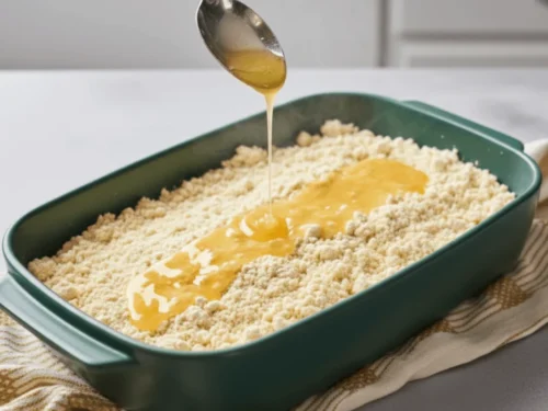 Melted butter being poured over dry cake mix to create a golden, crisp topping during baking.