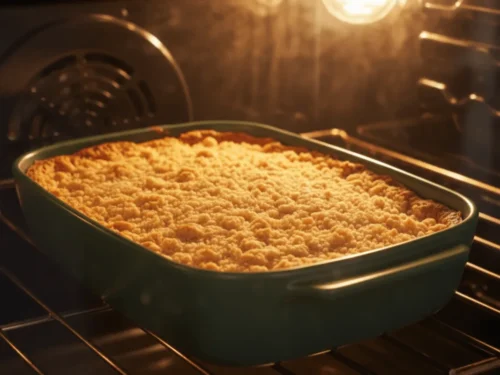 Pumpkin dump cake baking in the oven with golden edges forming and a lightly set center.