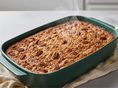 Pumpkin dump cake cooling after baking, allowing the custard pumpkin layer to fully set before slicing.