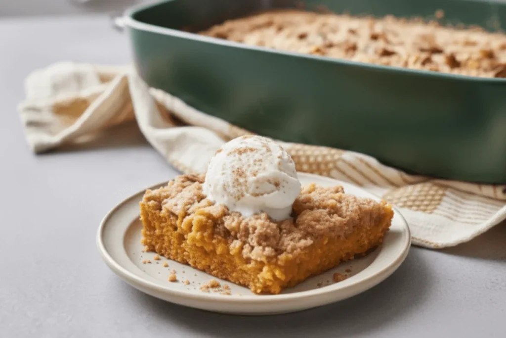 Slice of pumpkin dump cake served on a plate, showing the creamy pumpkin base and golden buttery topping.