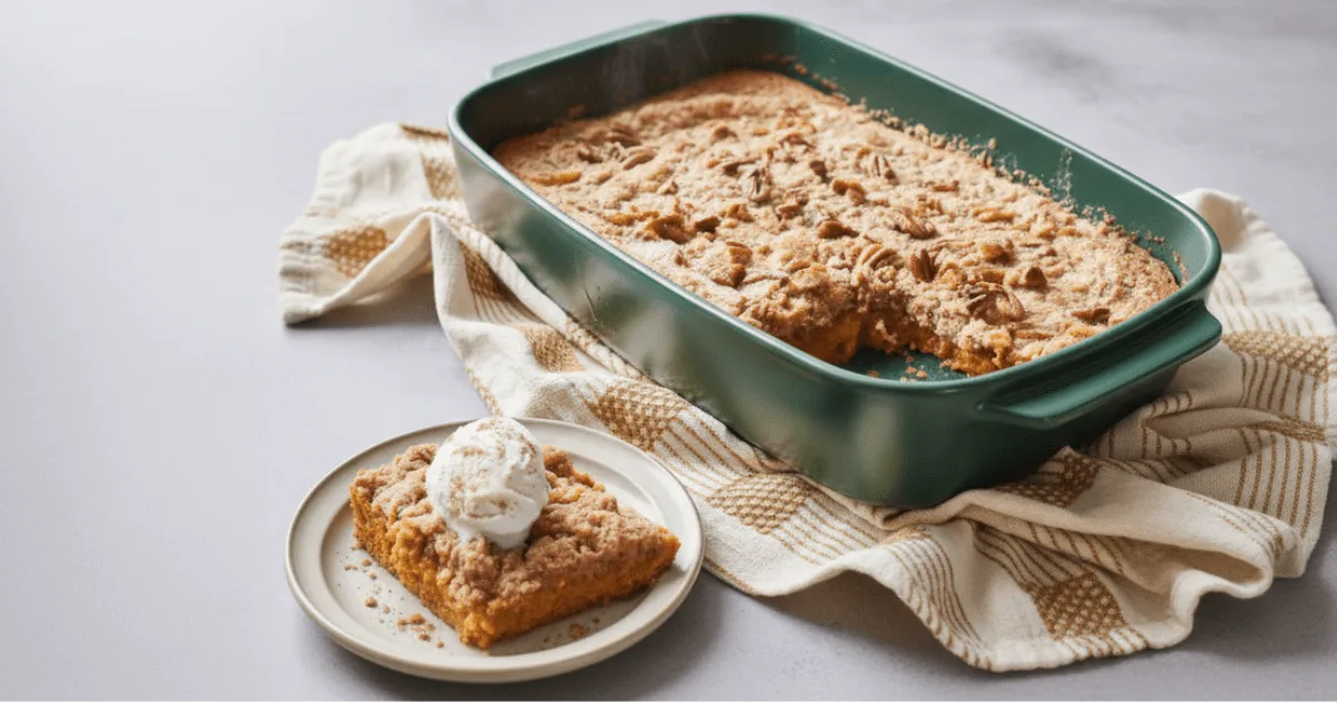 Freshly baked pumpkin dump cake with a golden buttery topping and creamy pumpkin layer underneath, served in a baking dish.