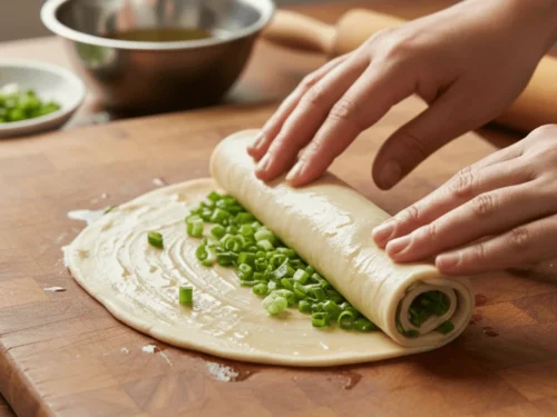 Thin dough layered with oil and chopped scallions being rolled into a tight spiral for flaky scallion pancakes.