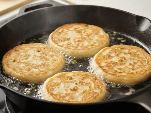 Scallion pancakes frying in oil in a skillet, developing a golden crust and crispy edges.